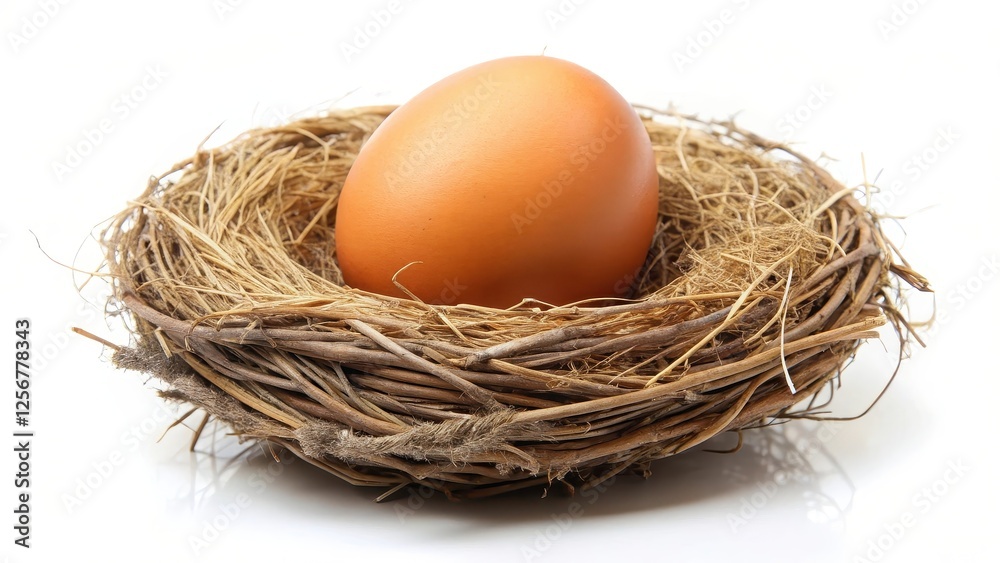 Single Egg in Bird Nest on White Background Single Egg in Bird Nest on White Background