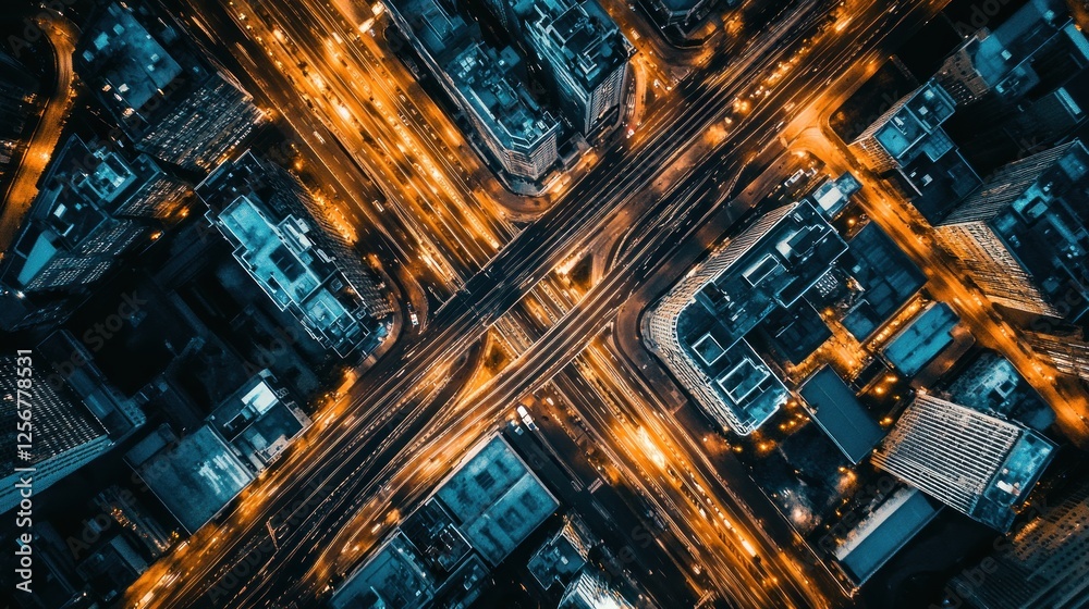 Obraz premium Aerial Night City Intersection, Traffic Flow, Urban Landscape, Advertising