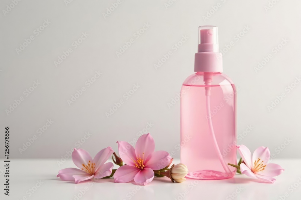 Soft white background with pastel pink mist bottle and flowers, flowers, mist Soft white background with pastel pink mist bottle and flowers, flowers, mist