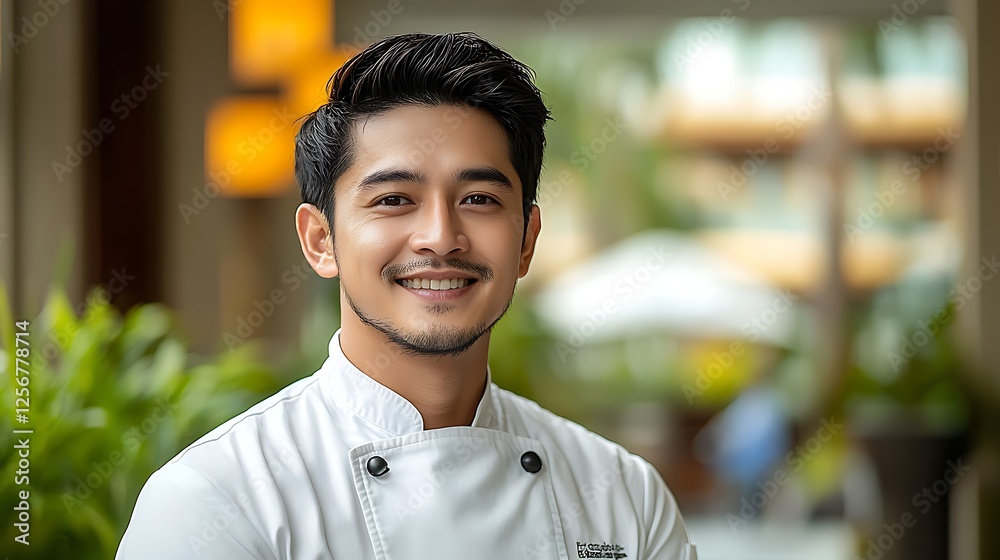 Fototapeta premium Smiling chef portrait, resort background, culinary career.