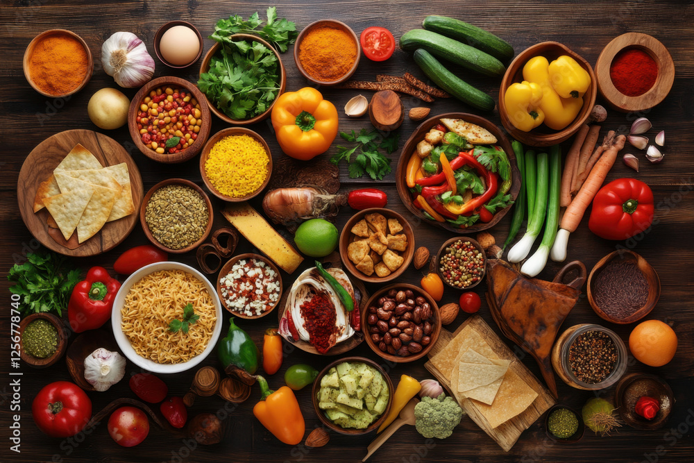 Fototapeta premium vibrant assortment of fresh vegetables, spices, and grains arranged on wooden table, showcasing colorful feast of ingredients for cooking