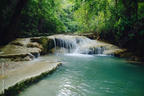 Serene waterfall cascades over rocks in lush green forest. Perfect for travel, nature, or relaxation themed projects.