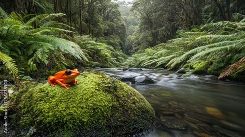 Orange frog rainforest stream mossy rock nature wildlife photo