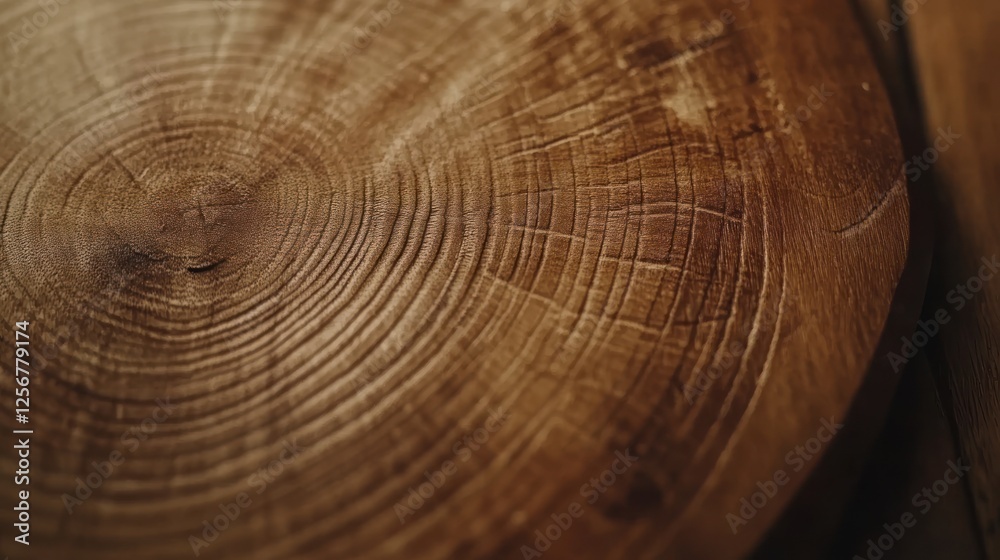 Naklejka premium Rustic wooden disc close-up, grain detail, blurred background, craft texture