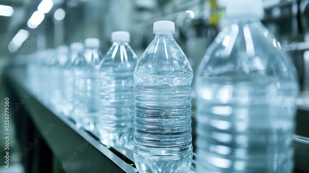 Plastic bottles moving on conveyor belt in factory Plastic bottles moving on conveyor belt in factory