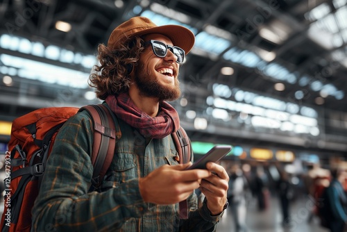 A cheerful traveler with curly hair and sunglasses enjoys using his phone in a bustling airport terminal. photo