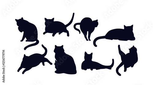 Cat shadows set. Silhouettes of kittens in various positions. Active domestic animals stretching. Cute fluffy pets stickers. Flat vector collection isolated on white background