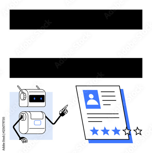 Robot pointing towards a resume with photo and star ratings. Ideal for automation, AI, job applications, recruitment, candidate evaluation, career growth, technology. Line metaphor