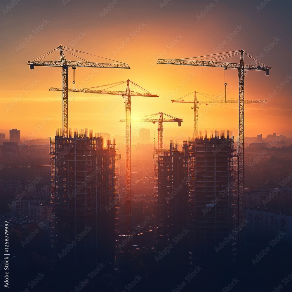 Cityscape sunset construction cranes skyscrapers development Cityscape sunset construction cranes skyscrapers development