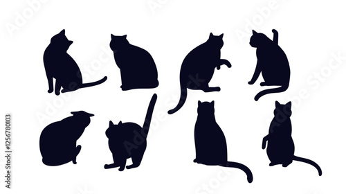 Cat shadows set. Silhouettes of kittens in various positions. Cheerful pets stretching. Fauna and wildlife. Purebred cats. Flat vector collection isolated on white background
