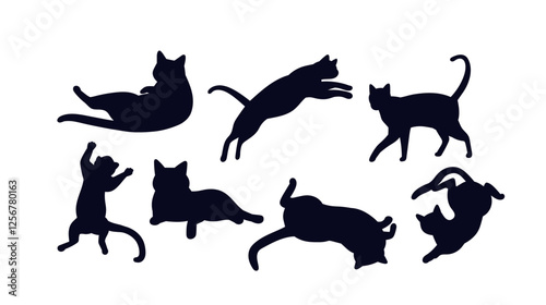 Cat shadows set. Silhouettes of kittens in various positions. Cute pets or domestic animals. Fauna and wildlife. Template and layout. Flat vector collection isolated on white background