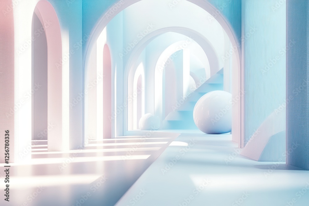 Pastel archway hallway, sphere, sunlight, background, product display Pastel archway hallway, sphere, sunlight, background, product display
