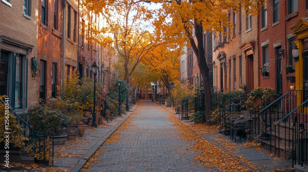 Fototapeta premium Charming Autumn Street with Golden Leaves and Historic Townhouses