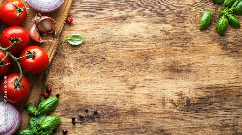 Rustic wooden table, tomatoes, garlic, basil, onion, peppercorns; cooking background