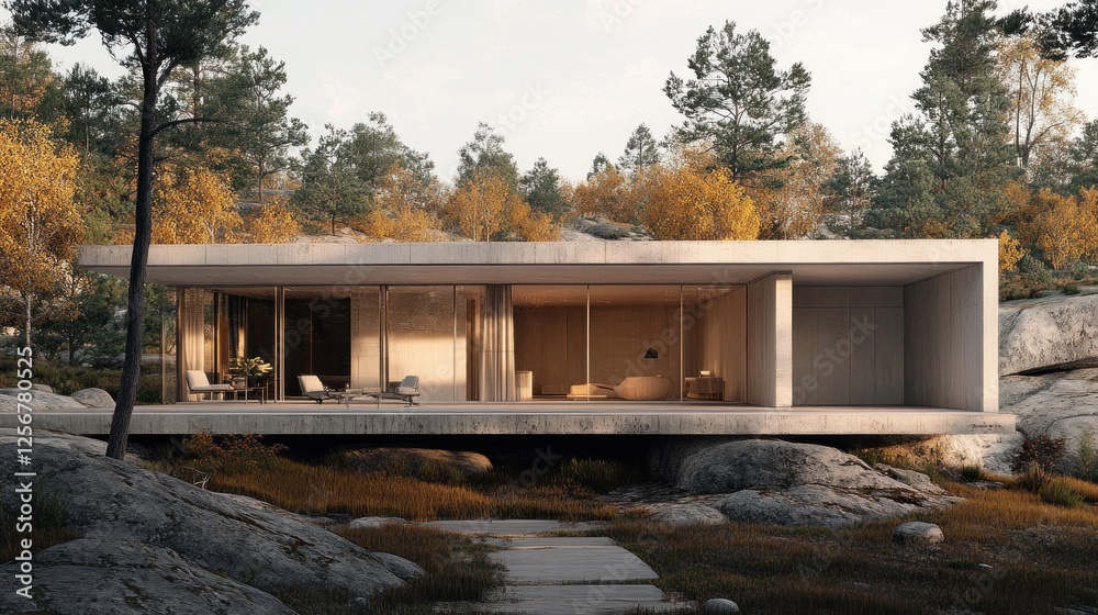 Obraz premium Modern concrete house autumn forest landscape design