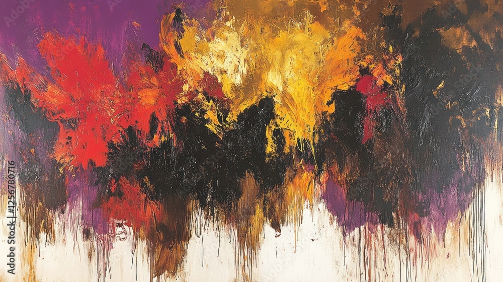 Fototapeta premium Abstract autumnal canvas art; fiery, textured strokes; purple background; gallery display