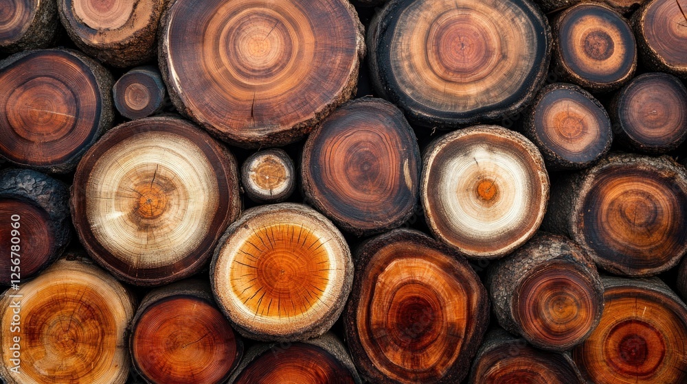 Stacked wood slices, rustic texture, wall decor, natural background, design element Stacked wood slices, rustic texture, wall decor, natural background, design element