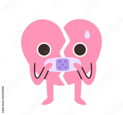 Doodle Heart character. Pink broken heart with patch in hands. Support and care. Love and passion. Emoji and emoticon. Valentines Day. Flat vector illustration isolated on white background