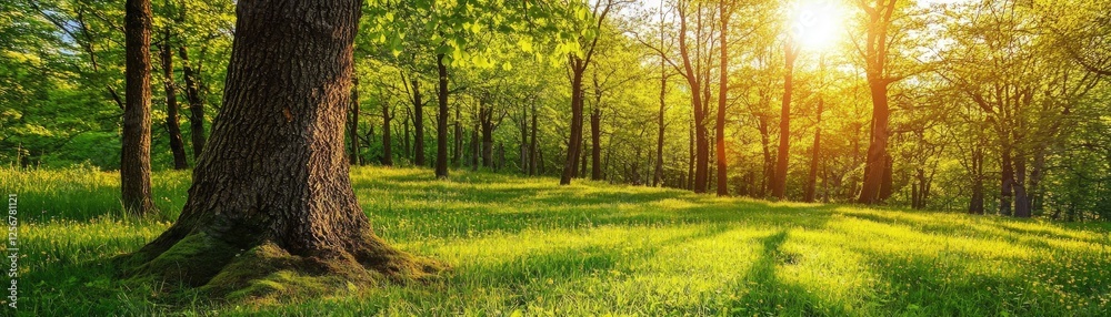 Sunlit forest path, trees, green grass, nature background, idyllic scene Sunlit forest path, trees, green grass, nature background, idyllic scene