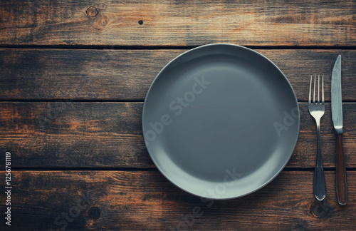 Empty Plate on Rustic Wooden Table Setting with Fork and Knife