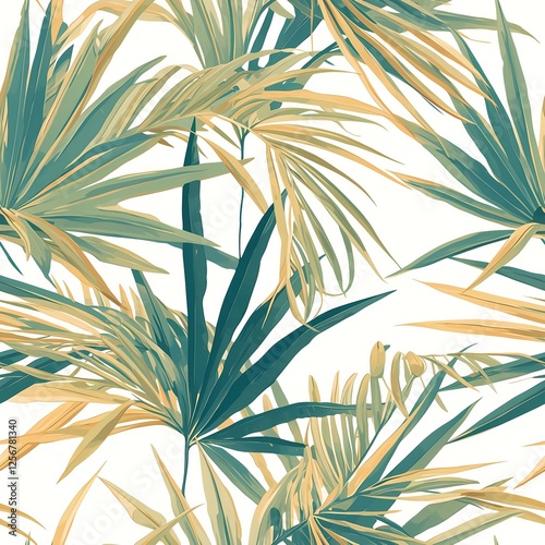 Seamless pattern featuring minimalist tropical palm leaves and foliage in green, gold, and sunset orange