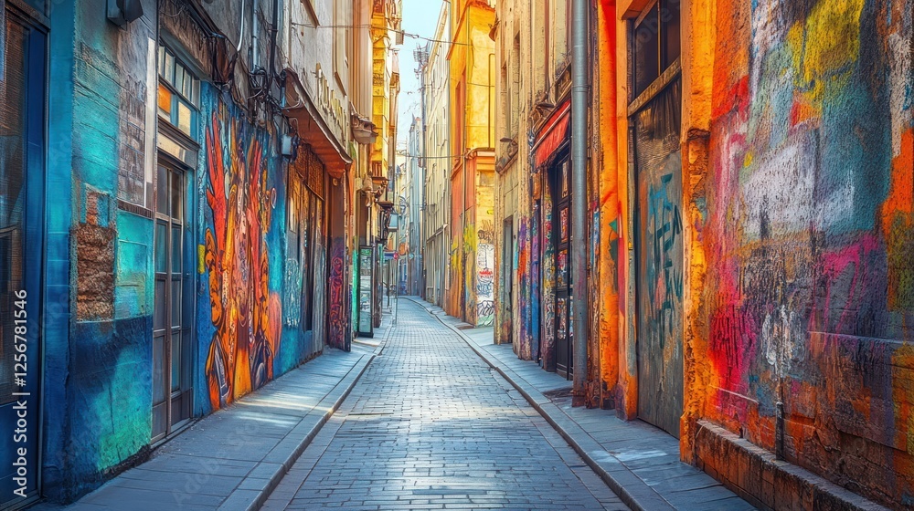 Fototapeta premium Colorful graffiti alley, city street, urban art, sunlight, travel, background, design, architecture, tourism, poster