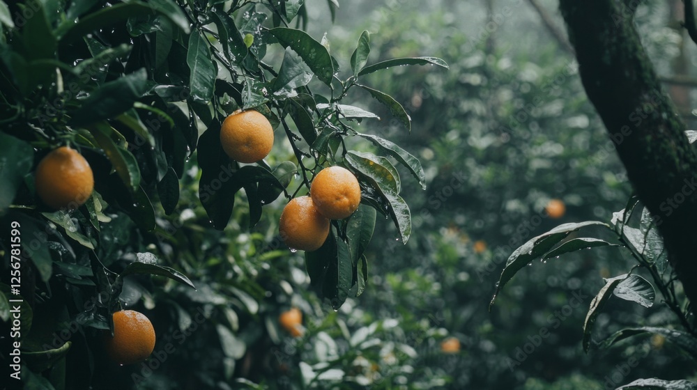 Fresh Citrus Fruits on Branches in Rainy Orange Orchard Scene Fresh Citrus Fruits on Branches in Rainy Orange Orchard Scene