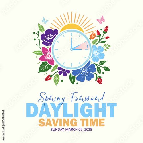 Daylight Saving Time begins concept. The clock moves forward one hour with sun and floral elements. Calendar with marked date. DST begins in the U.S., spring clock changes for banner, web, emailing.  photo