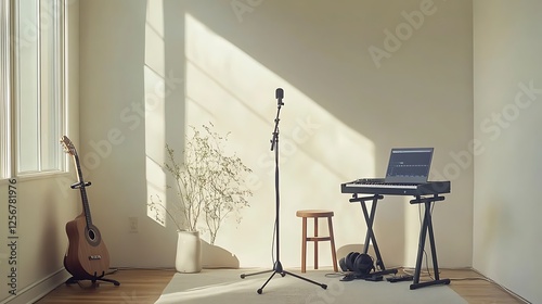 Home music studio, acoustic guitar, keyboard, microphone. Interior sunny day.  Possible use stock photo photo