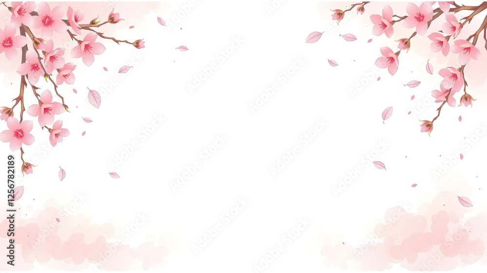 Delicate Cherry Blossom Branches with Soft Petals on White Background Delicate Cherry Blossom Branches with Soft Petals on White Background