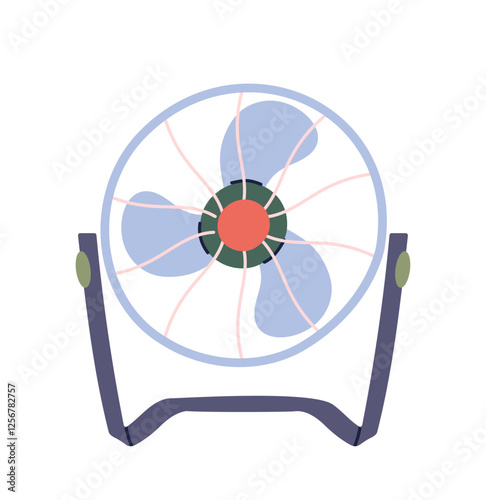 Modern portable fan. Device for summer heat. Cooling wind flow. Circulation and ventilation. Handle conditioner. Poster or banner. Flat vector illustration isolated on white background