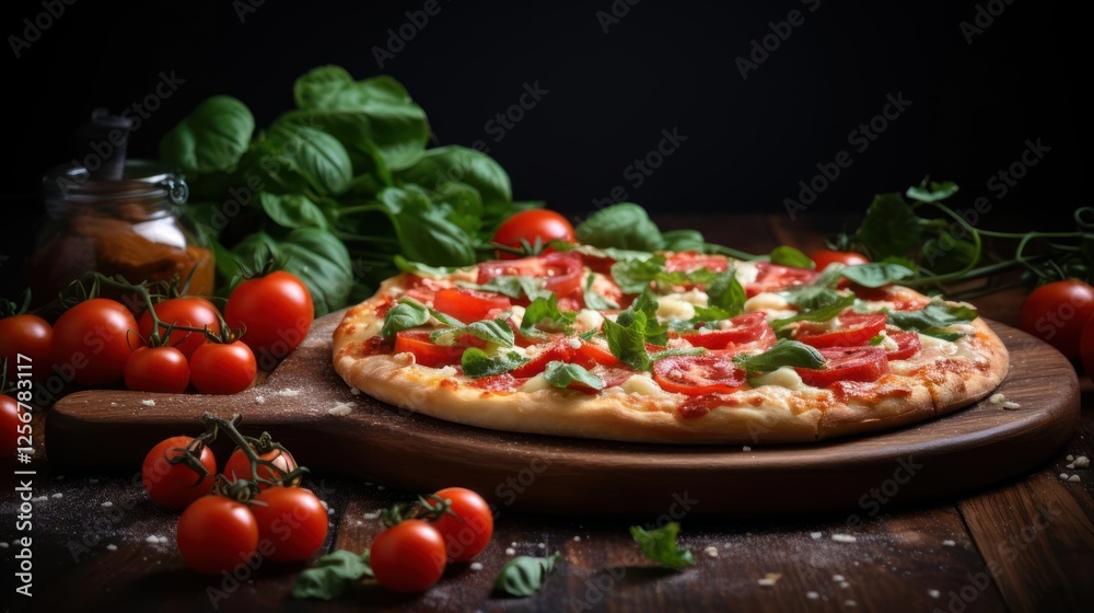 A round pizza topped with melted cheese, pepperoni and tomato sauce on a wooden table. There are some fresh basil leaves scattered around the pizza. A round pizza topped with melted cheese, pepperoni and tomato sauce on a wooden table. There are some fresh basil leaves scattered around the pizza.