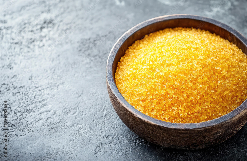 A Wooden Bowl Filled with Golden Polenta Grain Ready for Cooking A Wooden Bowl Filled with Golden Polenta Grain Ready for Cooking