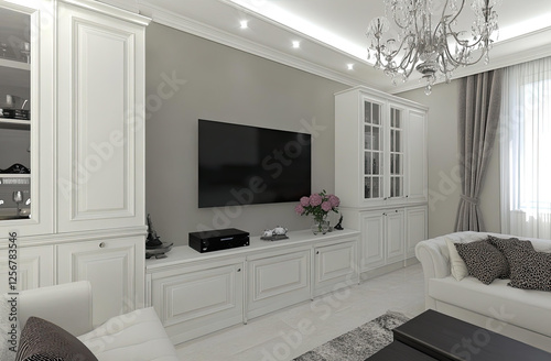 Elegant Living Room Interior Design with White Cabinets and a Flat Screen TV