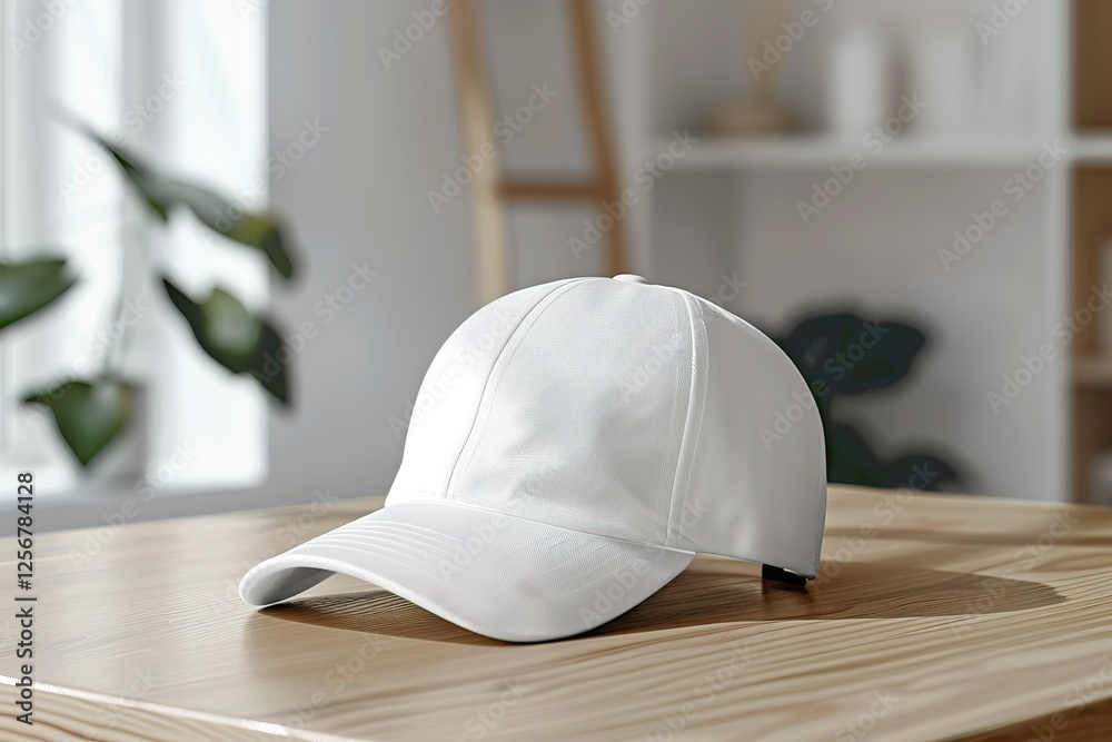 Clean white baseball cap sits atop a light wood table in a well-lit room Clean white baseball cap sits atop a light wood table in a well-lit room