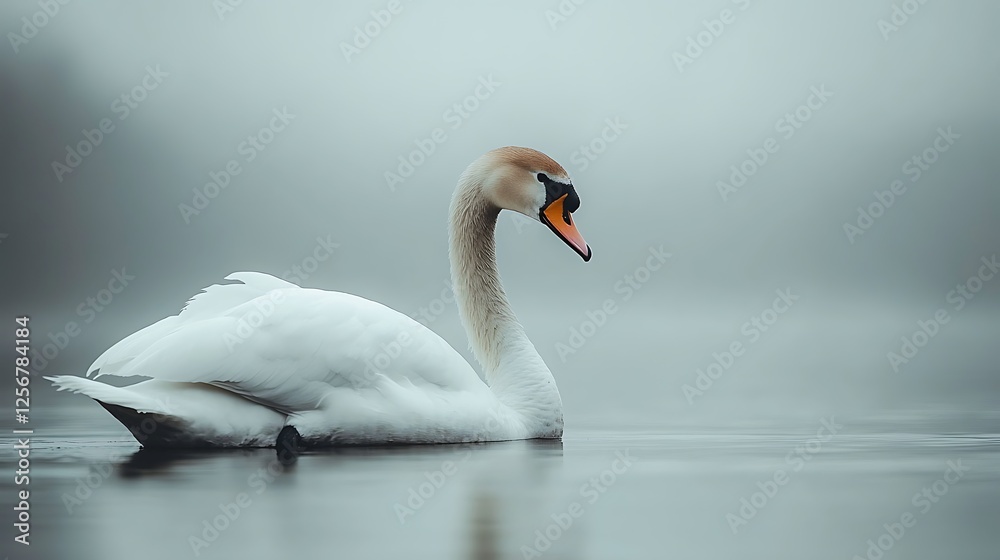 Obraz premium Majestic Swan in Misty Morning Light on Water