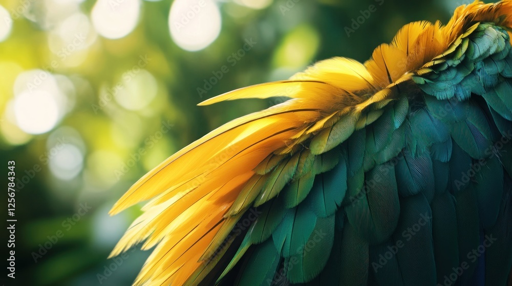 Obraz premium Parrot's vibrant feathers, jungle backdrop, nature detail