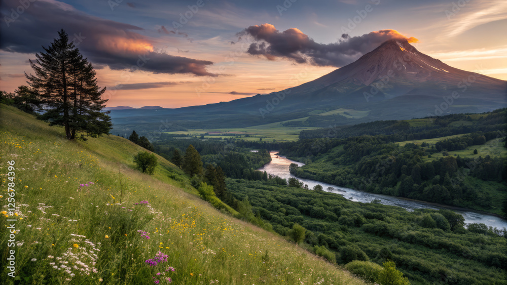 Fototapeta premium Majestic mountain at sunset with river winding through lush green valley and wildflowers