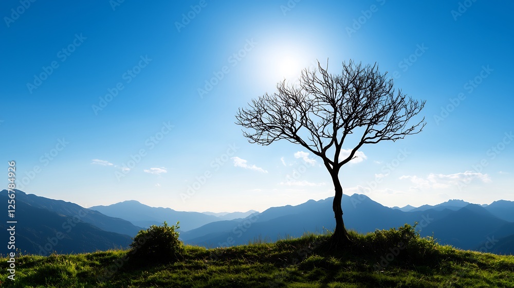 Silhouette Of A Tree On A Green Hill Under A Bright Blue Sky With Mountain Background Silhouette Of A Tree On A Green Hill Under A Bright Blue Sky With Mountain Background