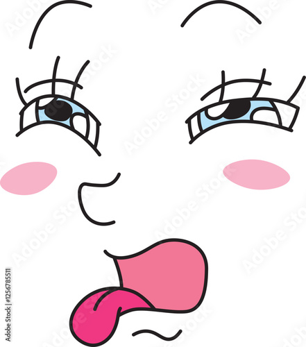 face expressing disgust protruding tongue half-closed blue eyes with eyelashes raised eyebrows pink cheeks