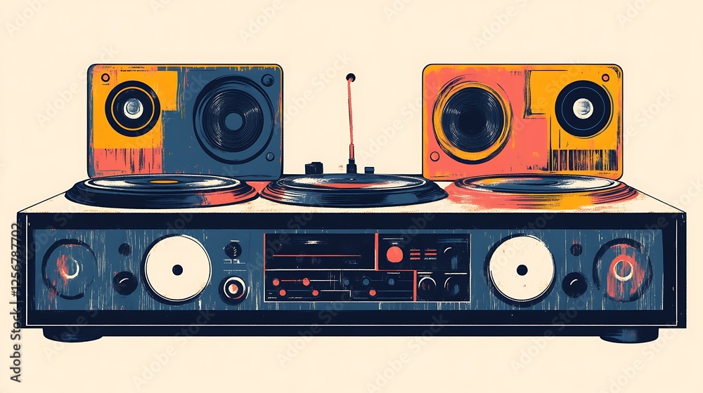 Fototapeta premium Retro stereo system illustration, vintage style