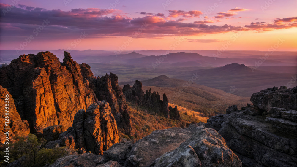 Obraz premium Sunset over rugged mountain peaks with dramatic rock formations and vast landscape