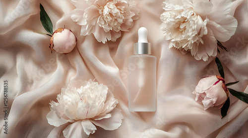 Elegant skincare: frosted bottle with dropper surrounded by soft peony blooms on draped fabric backdrop.