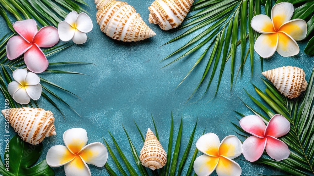 Tropical flowers, shells, palm leaves frame on teal background. Summer vacation, travel, nature concept Tropical flowers, shells, palm leaves frame on teal background. Summer vacation, travel, nature concept