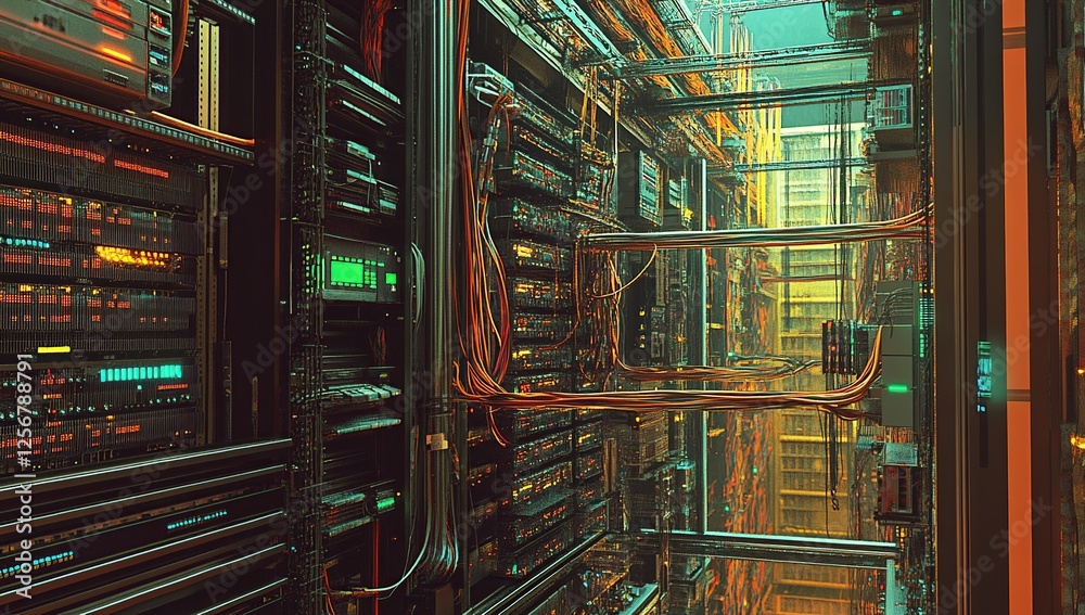 Exploring Futuristic Server Room: Complex Network Architecture with Intricate Wiring and Advanced Technology Exploring Futuristic Server Room: Complex Network Architecture with Intricate Wiring and Advanced Technology