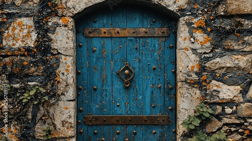Old blue door in stone wall, plants; mystery, travel