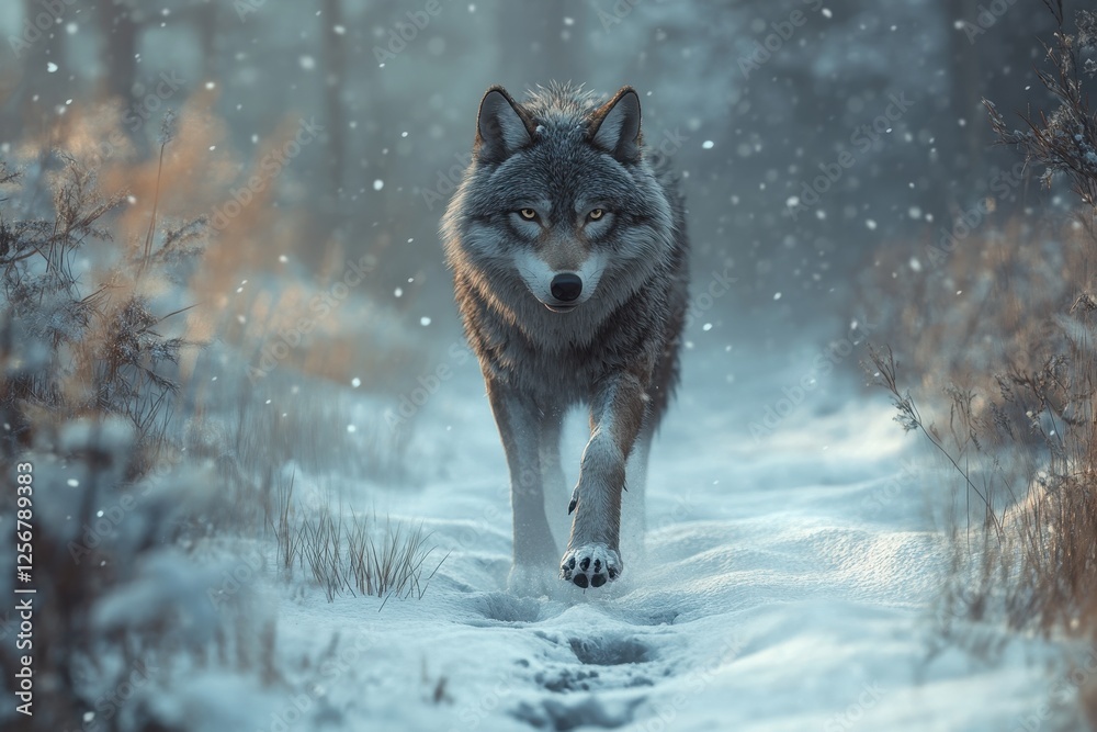 Gray wolf walking on snowy path in winter forest. Perfect for winter, wildlife, or nature themes, evokes feelings of solitude and wilderness. Gray wolf walking on snowy path in winter forest. Perfect for winter, wildlife, or nature themes, evokes feelings of solitude and wilderness.