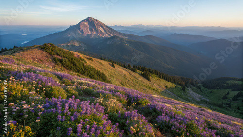 Wallpaper Mural Mountain peak with wildflowers in foreground at sunrise, creating serene landscape Torontodigital.ca