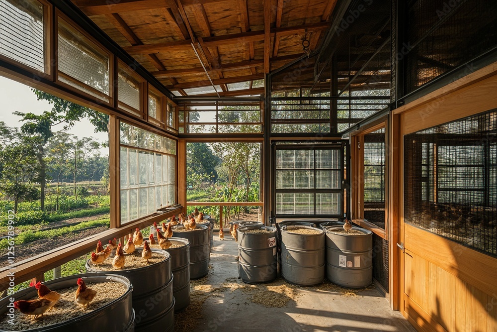 Rustic Chicken Coop Design: Sustainable Farming with Chickens in a Serene Setting, Naturally Lit with Wooden Frame Rustic Chicken Coop Design: Sustainable Farming with Chickens in a Serene Setting, Naturally Lit with Wooden Frame