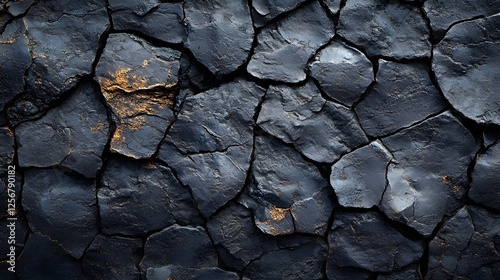 Intricate dark blue and gold rock texture. A close up shot of a natural stone formation. Macro Texture Backgrounds. Dark Volcanic Rock Texture: A Deep Blue and Gold Stone Wall